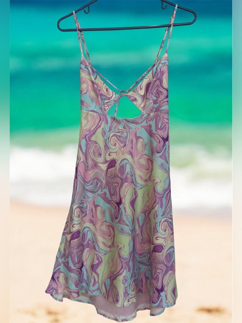 Pastel Marble Psychedelic Swirl Slip Dress with Front Cutout L EUC